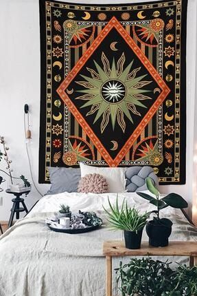Siyah Renkli Bohem Mandala Duvar Örtüsü Kadife Duvar Halısı Tapestry kzmk350