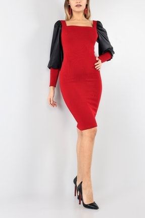 Kadın Kırmızı Siyah Deri Kol Kare Yaka Detay Şık Triko Elbise 91749 NKT-MD1-91746