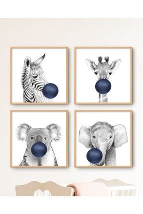 Zebra Zürafa Koala Fil Özel Tasarım %100 Mdf Dekoratif Duvar Tablo Seti 4 Parça OMTB02