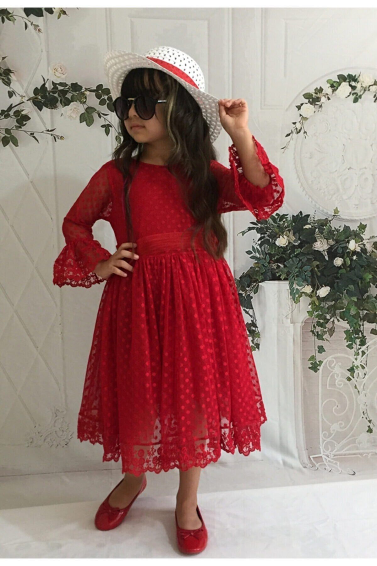Şapkalı, Güpürlü, Prenses Model Kız Çoçuk Elbisesi