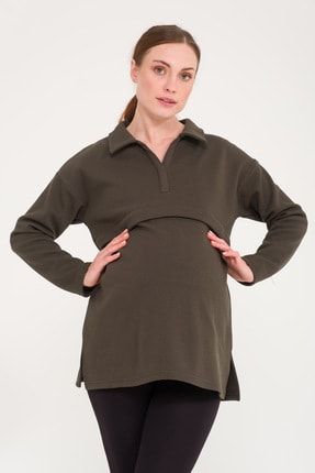 Kadın Polo Yaka Emzirme Özellikli Hamile Sweatshirt 5017