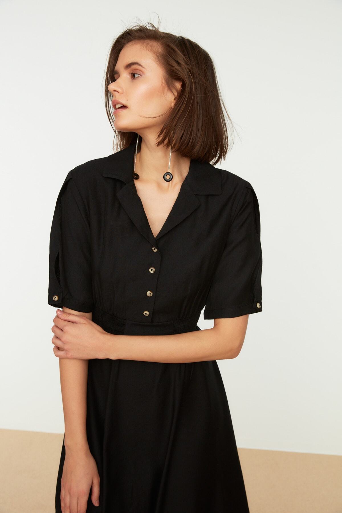 Trendyol Collection-Rochie neagră cu guler cămașă în linie A, țesută midi guiped TWOSS21EL1023 4