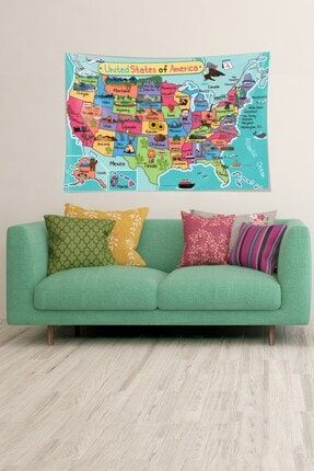 Dünya Haritası Desenli Leke Tutmaz Kadife Dokulu Kumaş Duvar Örtüsü Duvar Halısı Tapestry WLL055