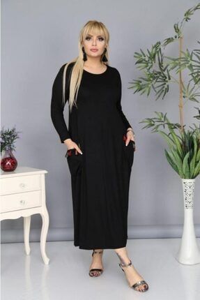 Kadın Siyah Büyük Beden Kiloş Kesim Cepler Püskül Detay Likralı Viskon Elbise VXL-0307