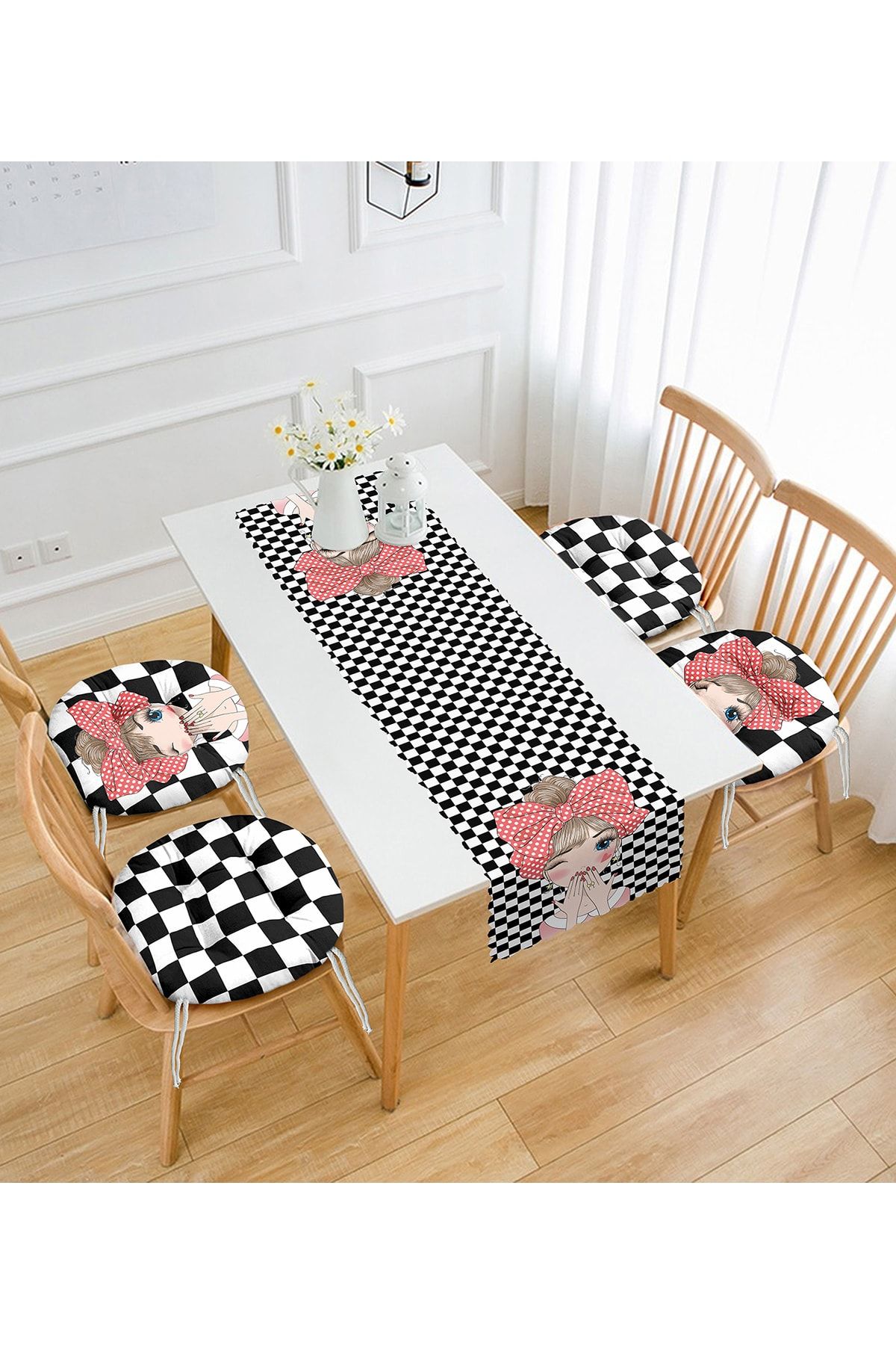 Realhomes Fashion Girl A Conceput 4 Perne Rotunde Pentru Scaune Cu Puf Și 1 Set De Alergători Cu Podea Din Șah - One Size
