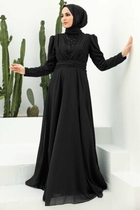 Tesettürlü Abiye Elbise - Pul Payet Detaylı Siyah Tesettür Abiye Elbise 56280s ARM-56280
