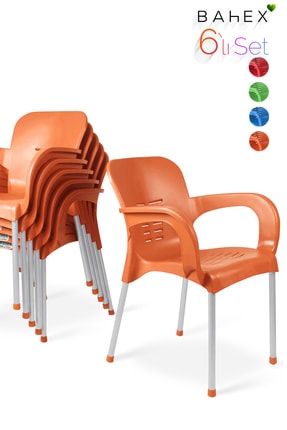 Bahçe Koltuğu 6'lı Paris Metal Ayaklı Kollu Plastik Koltuk - Sandalye 6 Adet Set - Turuncu PARIS-METAL-AYK-6LI