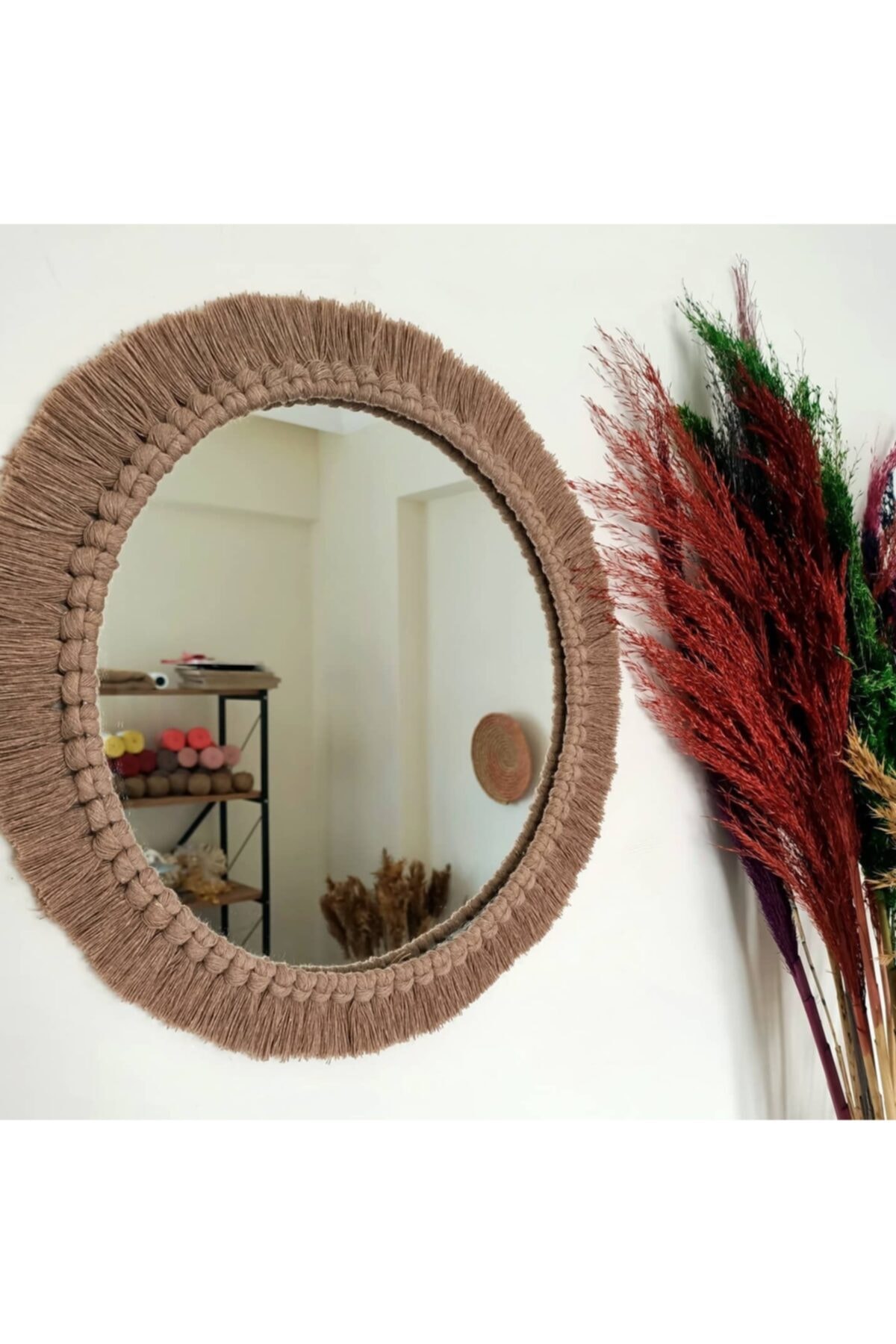 Büyük Sütlü Kahve Bohem Ayna (45 CM) , Makrome Ayna