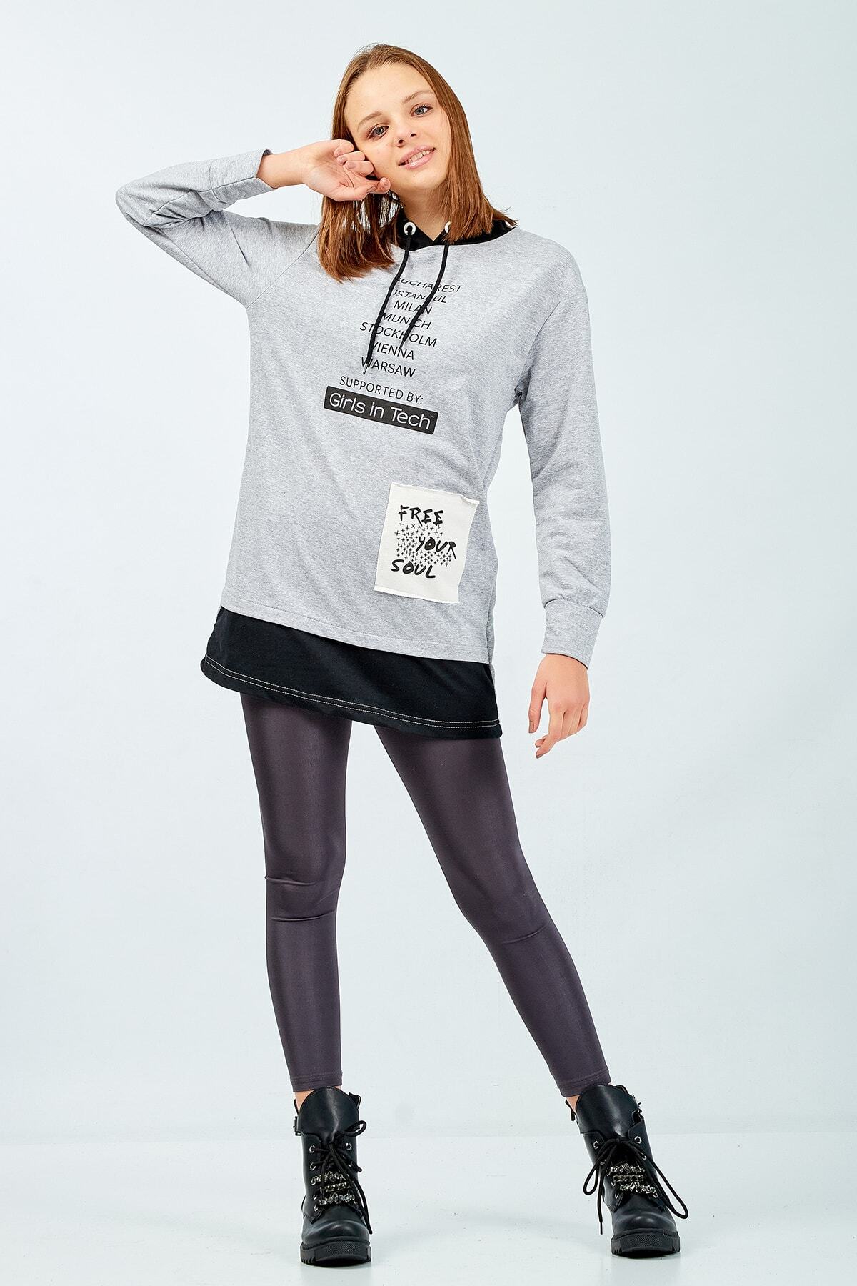 Kadın Gri Kapüşonlu Sweatshirt
