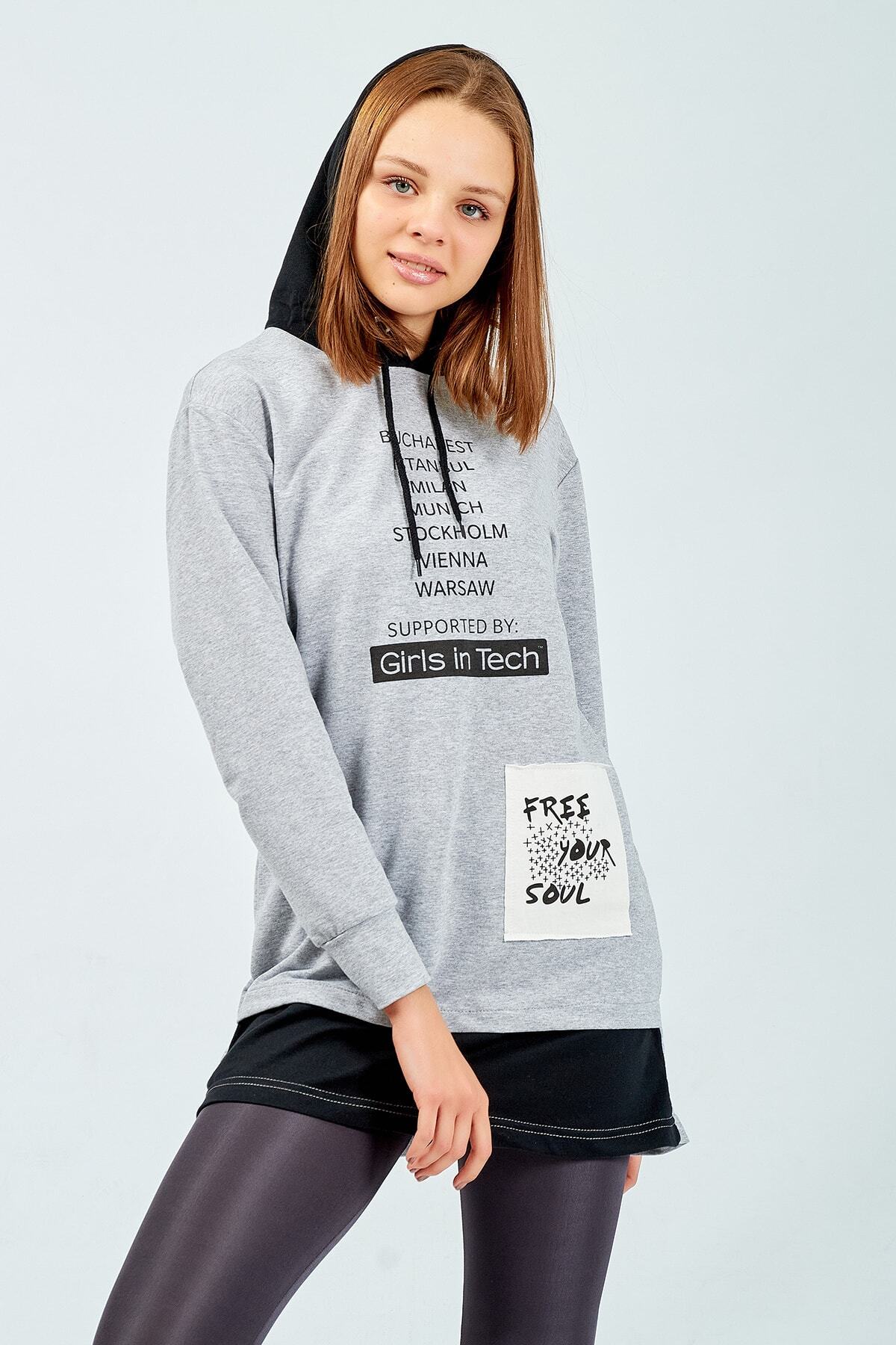 Kadın Gri Kapüşonlu Sweatshirt