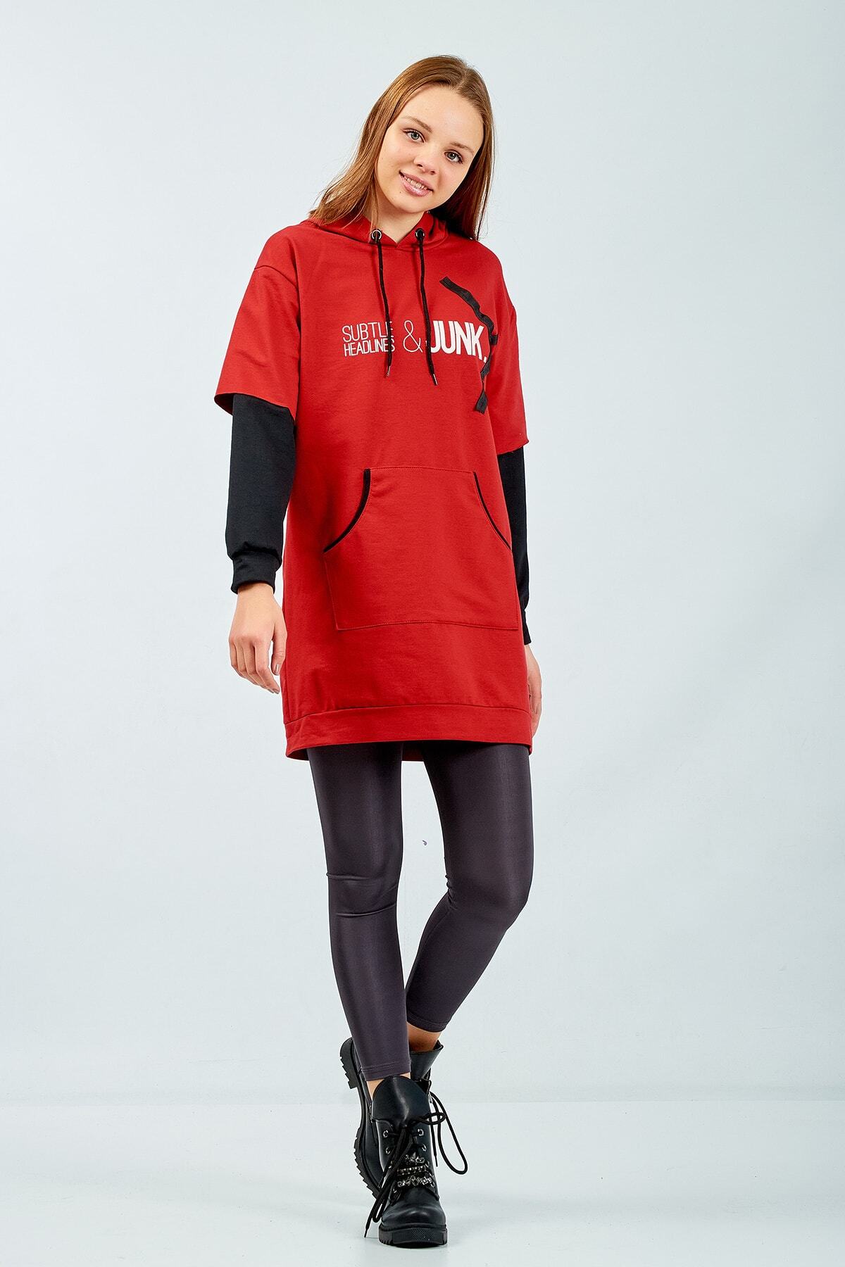 Kadın Kırmızı Kapüşonlu Swearshirt