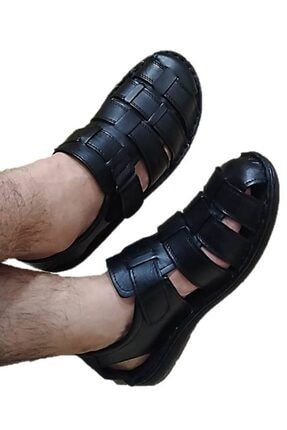 Erkek Siyah Iç Dış Hakiki Deri Cırtlı Sandalet ES001