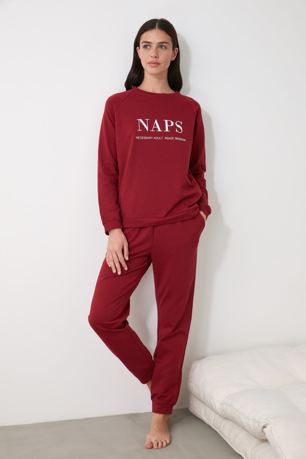 Trendyol Collection-Set pijama tricotată cu slogan roșu Claret THMAW21PT0497 9