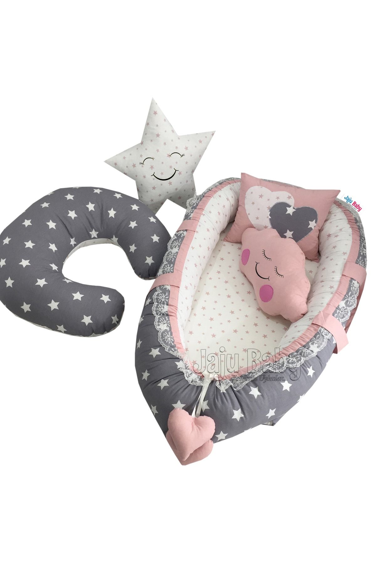 Jaju Baby Nest Gri Yıldızlı Lüx Jaju-babynest Anne Yanı Ve Emzirme Yastığı 5'li Set