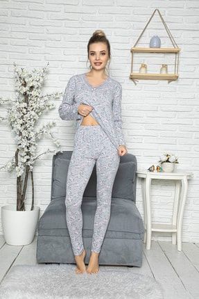 Kadın Gri Çiçek Baskılı Dantel Detaylı V Yaka Penye Pijama Takım 43429