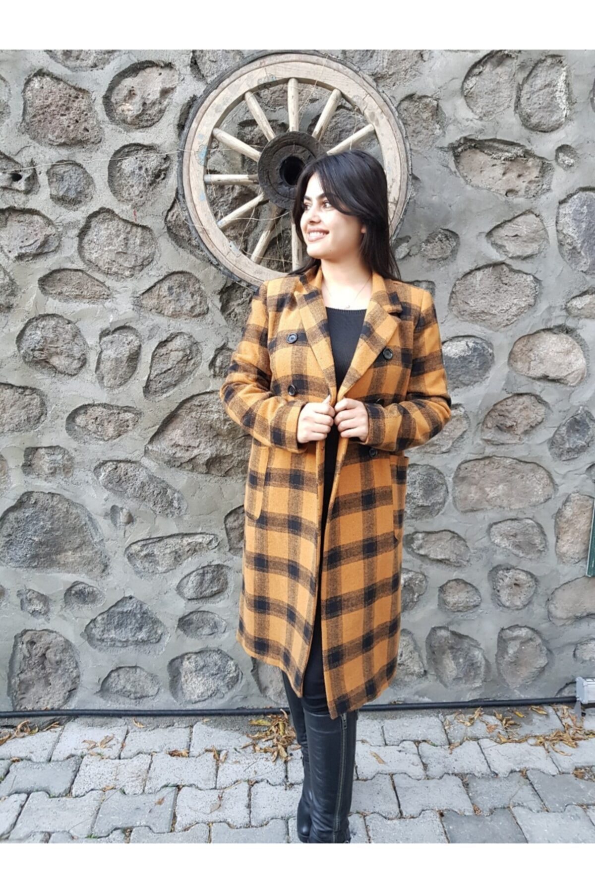 FERGAN  Kadın Hardal Ekose Kaşe Kaban - Görsel 3