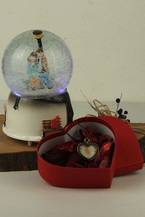 Kış Masalı Püskürtmeli Büyük Boy Kar Küresi Papatyalı Kalp Kolye Set Sevgiliye Hediye MC-0773
