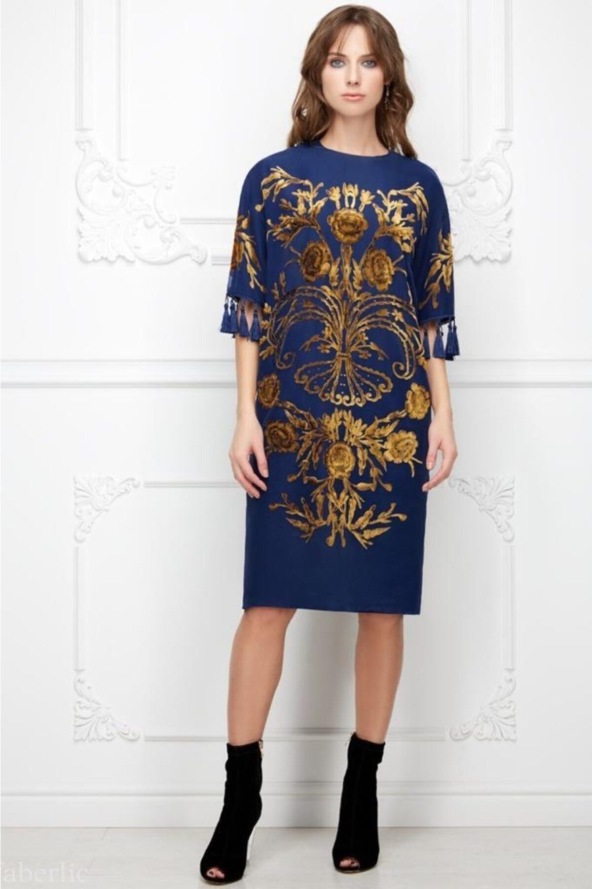 Faberlic-Women's Navy Blue Half Sleeve Silk Tassel Dress 2