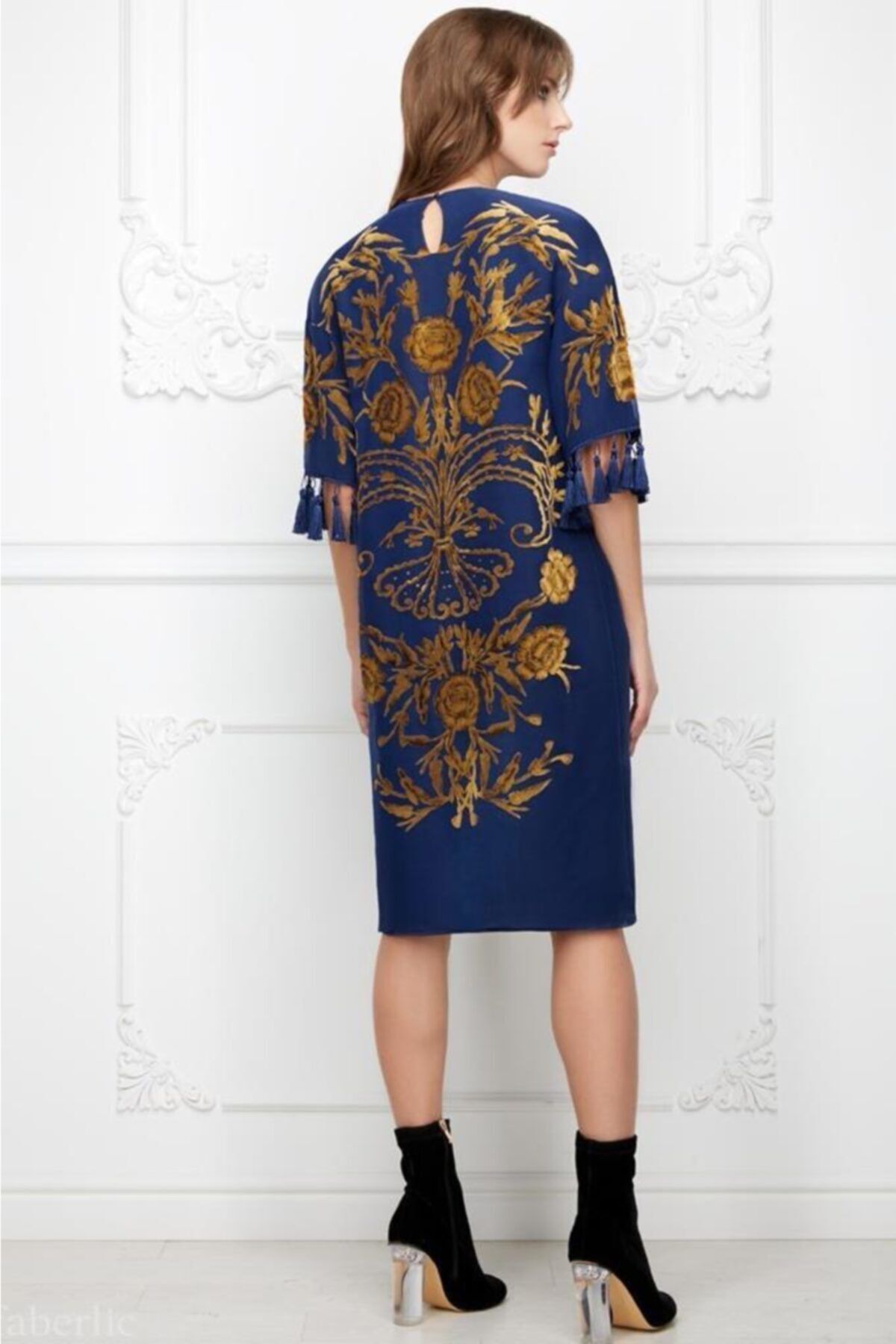 Faberlic-Women's Navy Blue Half Sleeve Silk Tassel Dress 3