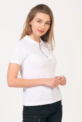 Kadın Beyaz Kısa Kol Polo Yaka Fermuarlı T-shirt 8130