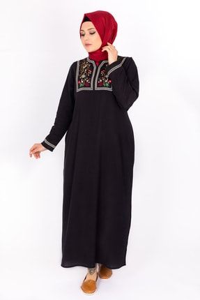 Kadın Siyah Yakası Nakışlı Uzun Kollu Şilebezi Elbise Krdln-191