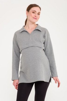 Kadın Polo Yaka Gri Emzirme Özellikli Hamile Sweatshirt 5018