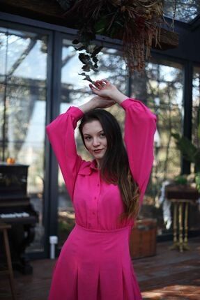 Kadın Yarasa Kol Gömlek Elbise - Pembe BLSDR2021K3010
