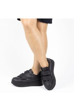 Kadın Siyah Yüksek Kalın Tabanlı 5 Cm Cırtlı Günlük Spor Sneakers Ayakkabı PRA-5253740-038033