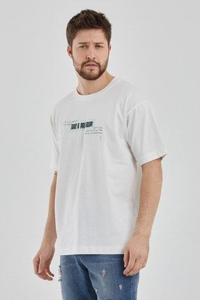 Erkek Beyaz Bisiklet Yaka Baskılı Kısa Kollu Oversize T-shirt TM005