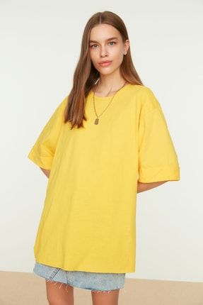 Sarı Duble Kol Asimetrik Boyfriend Örme T-Shirt TWOSS20TS0828