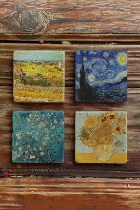 Taş Bardak Altlığı Stone Coasters - 4lü Set Vincent Van Gogh Yıldızlı Gece BA551