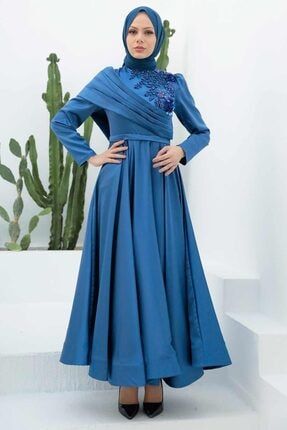 Tesettürlü Abiye Elbise - Saten Indigo Mavisi Tesettür Abiye Elbise 22183ım EGS-22183