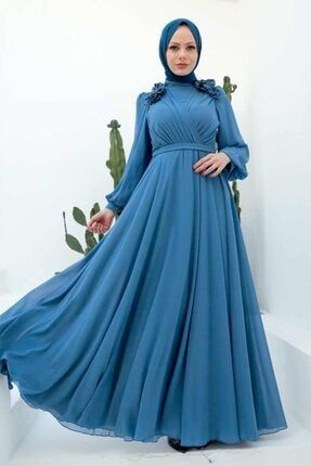 Tesettürlü Abiye Elbise - Çiçek Detaylı Mavi Tesettür Abiye Elbise 22232m EGS-22232