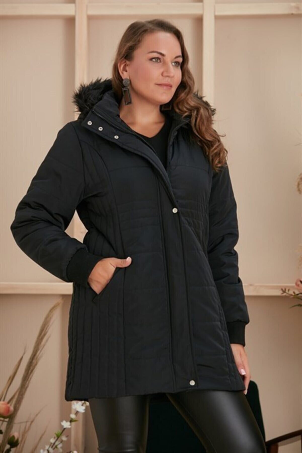 RMG Büyük Beden Kapşonlu Kaban - 9754 Siyah