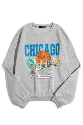 Kadın Gri Chicago 76 Baskılı Oversize Sweatshirt TS-CHG76SWET