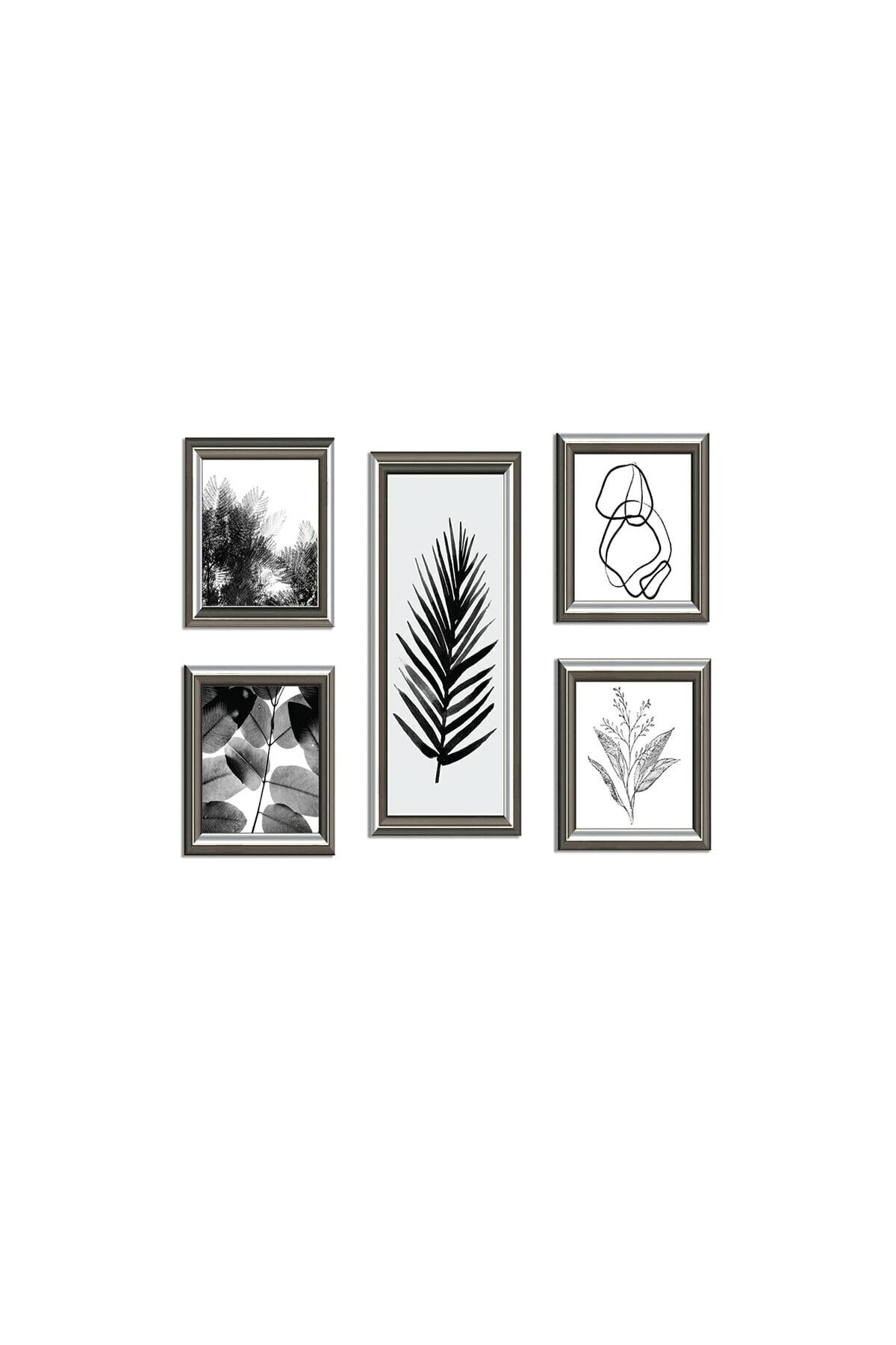 NT Handmade 5li Ahşap Tablo Seti - Siyah Beyaz Yapraklar Salon Oturma Yatak Odası Için Duvar Dekoru 50x30 Cm SN12158