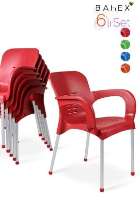 Bahçe Koltuğu 6'lı Paris Metal Ayaklı Kollu Plastik Koltuk - Sandalye 6 Adet Set - Kırmızı PARIS-METAL-AYK-6LI