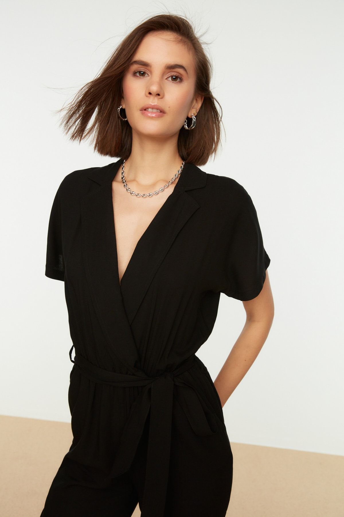 Trendyol Collection-Ολόσωμη φόρμα με μαύρη ζώνη υφαντή μακριά ντραπέ TWOSS19LJ0158 7