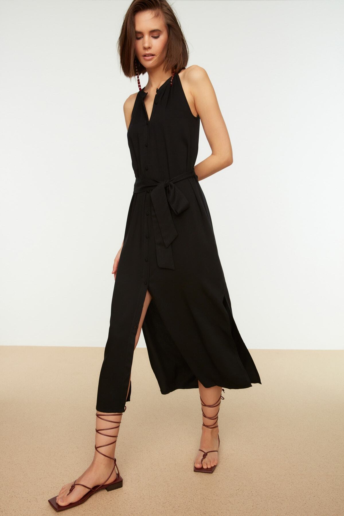 Trendyol Collection-Сукня міді з коміром-суфле Gomlek TWOSS19XM0112 з плетеним гомрером TWOSS19XM0112 3