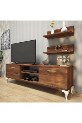 A4 Duvar Raflı Tv Sehpası - Kitaplıklı Tv Ünitesi Modern Ayaklı Tasarım Minyatür Ceviz 55