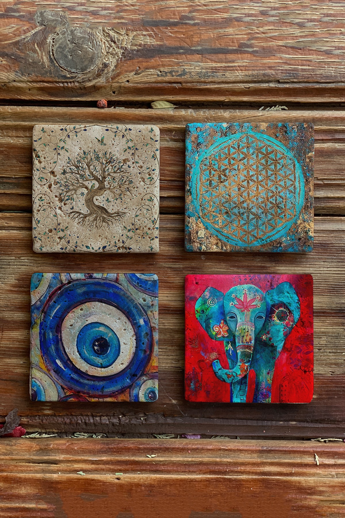 Stone Coasters - Set of 4 Tree of Life Elephant Flower of Life