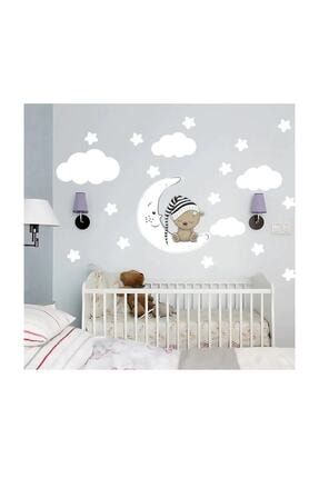 Uyuyan Ayıcık , Ay Ve Yıldızlar Sticker Çıkartma Çocuk Odası Duvar Sticker Seti uyuyanayıcıkayyıldızlar