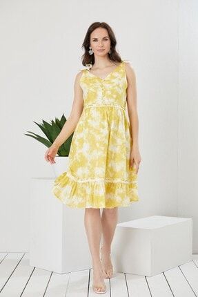 Batik Desenli Simli Sarı Hamile Elbise o7183