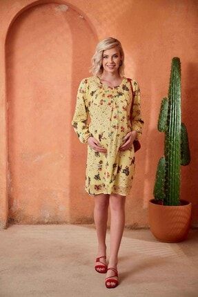 Gör&sin Çiçek Desenli Uzun Kol Hamile Şifon Sarı Elbise O7008