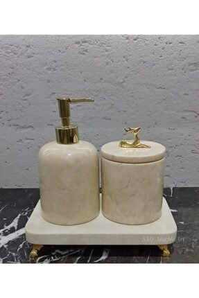 Minimal Dekoratif Bej Mermer Gold Detaylı 3 Lü Banyo Seti Takımı SMF-241