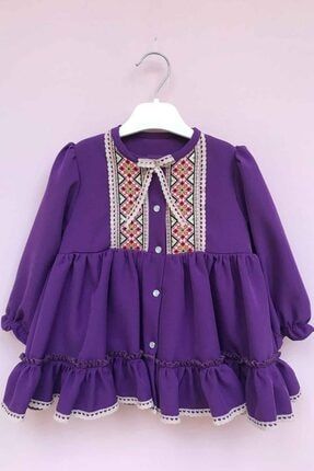 Mor Etnik Detaylı Fırfırlı Kız Çocuk Bebek Krep Elbise 86291220214