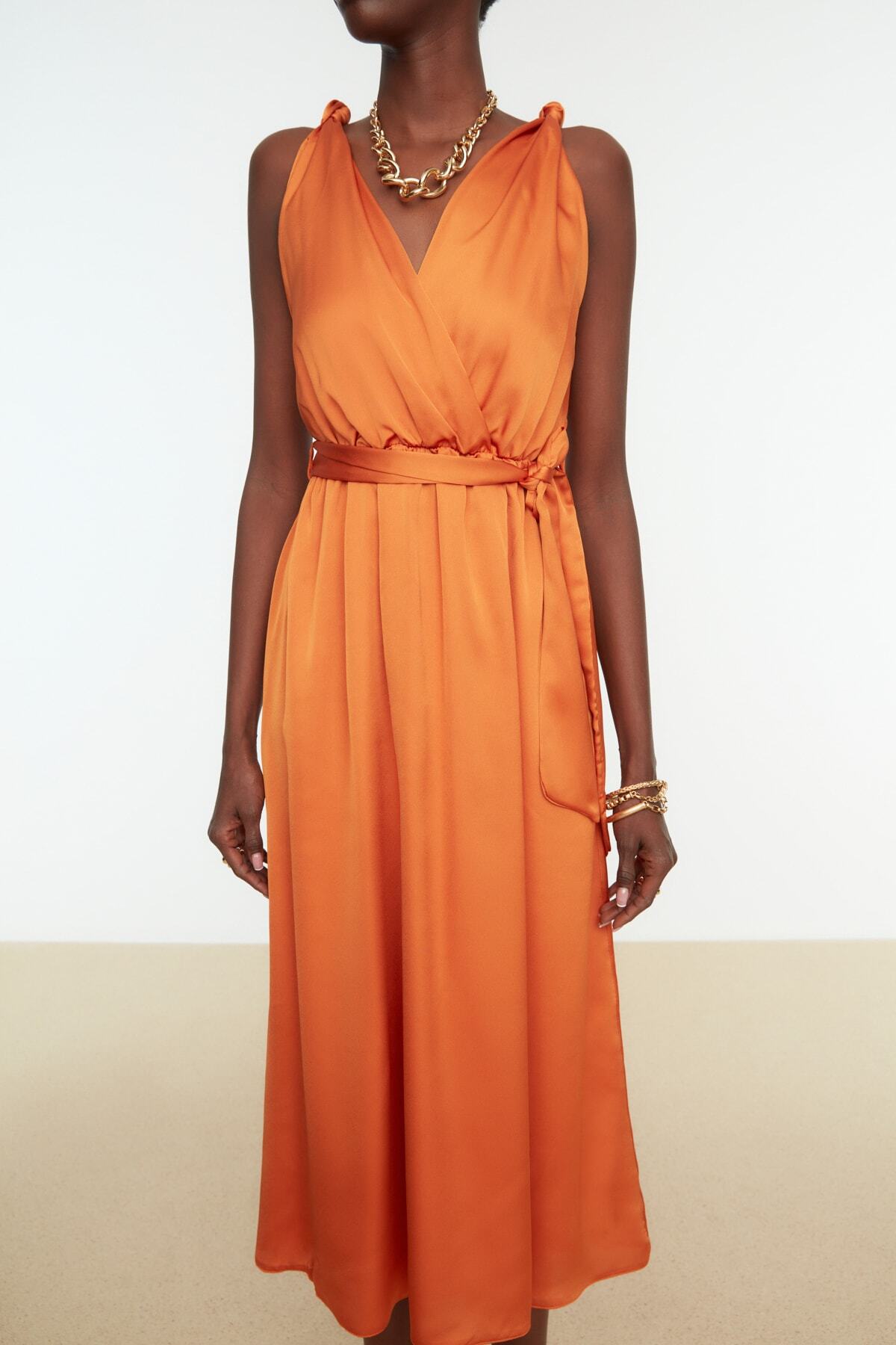Trendyol Collection-Oranžové večerní tkané šaty s páskem do A-Line Večerní šaty pro návrat domů TPRSS19BB0283 3