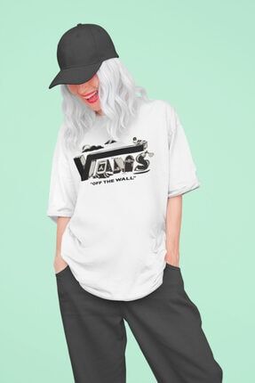 V(8)-off The Wall & Freestyle & Kaykay & Skateboard - Unisex Beyaz Oversize T-shirt RCTR-T-0114