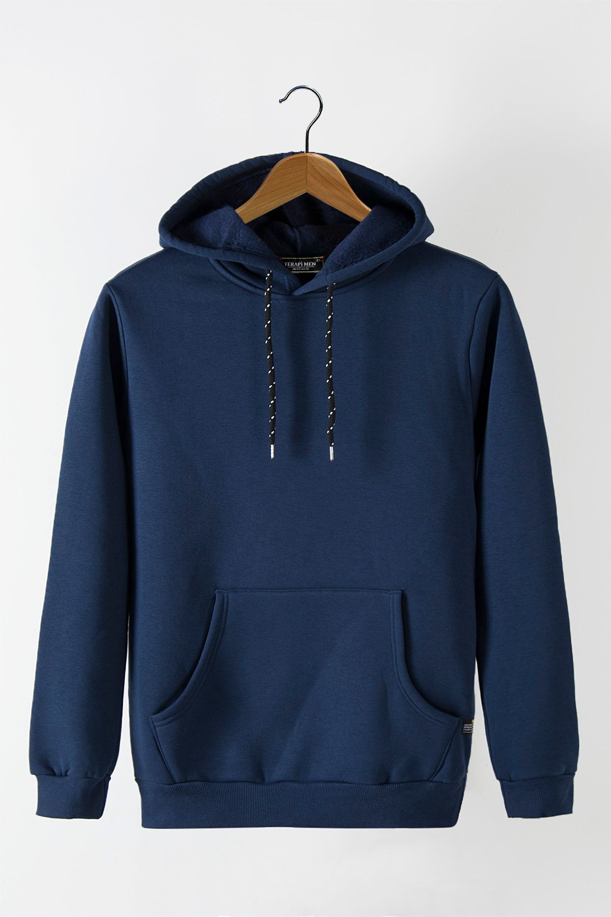 Terapi Men Erkek Koyu Mavi Kapüşonlu Kanguru Cepli Basic Hoodie Sweatshirt