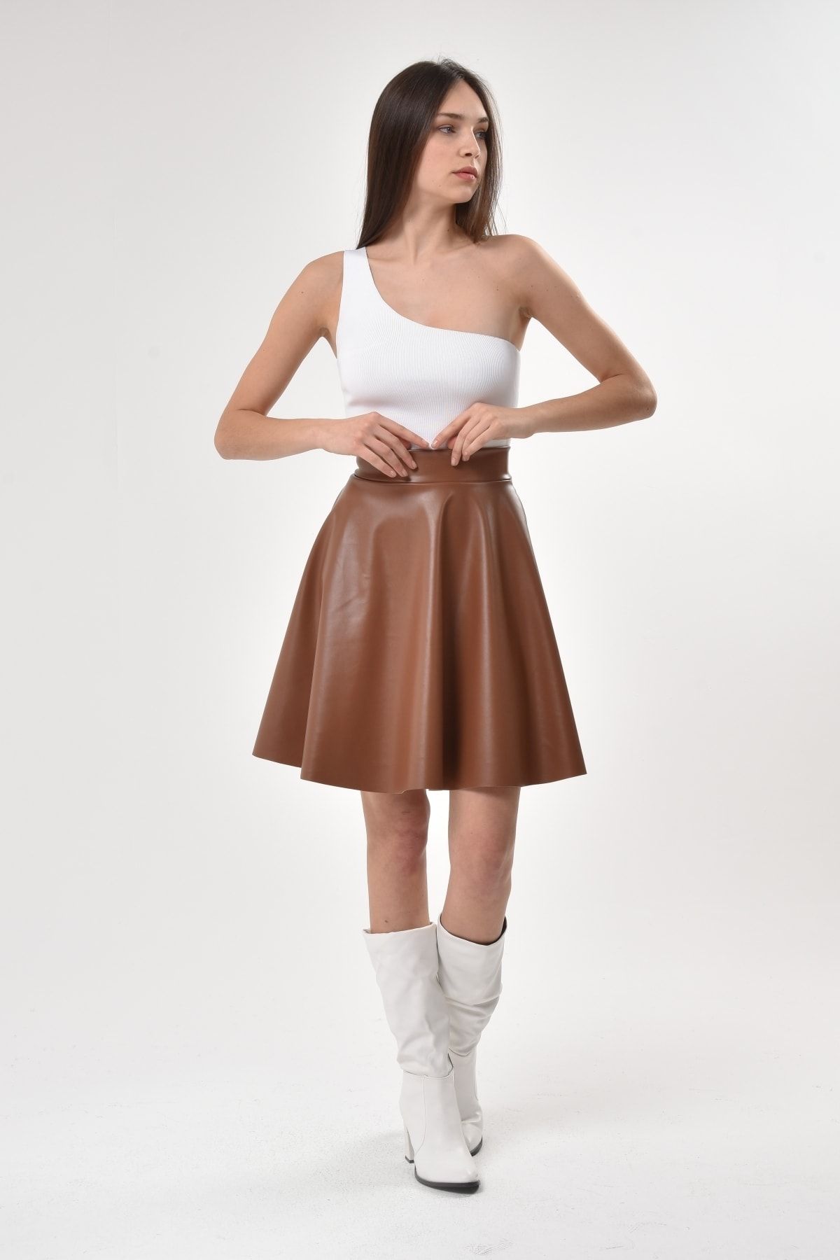 K M K O Women s Tan Flared Faux Leather Skirt